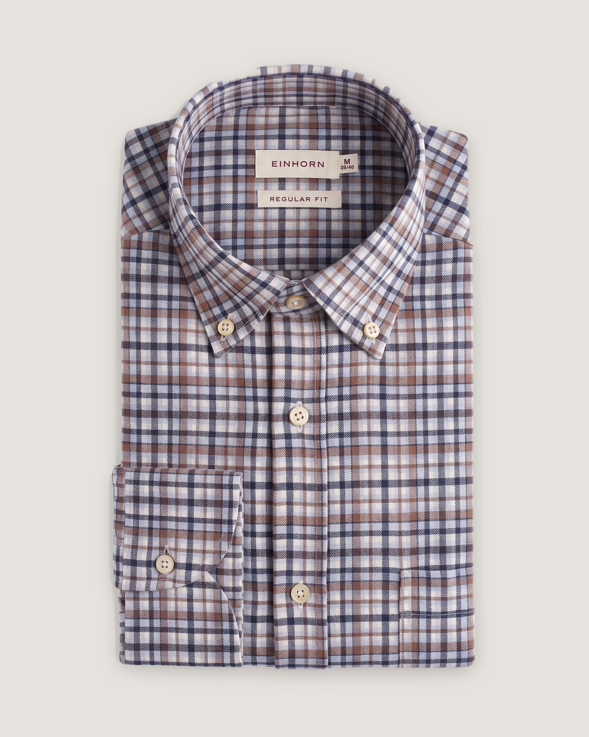 Hemd Regular Fit Flanell Check Navy/Braun mit Button Down und Brusttasche