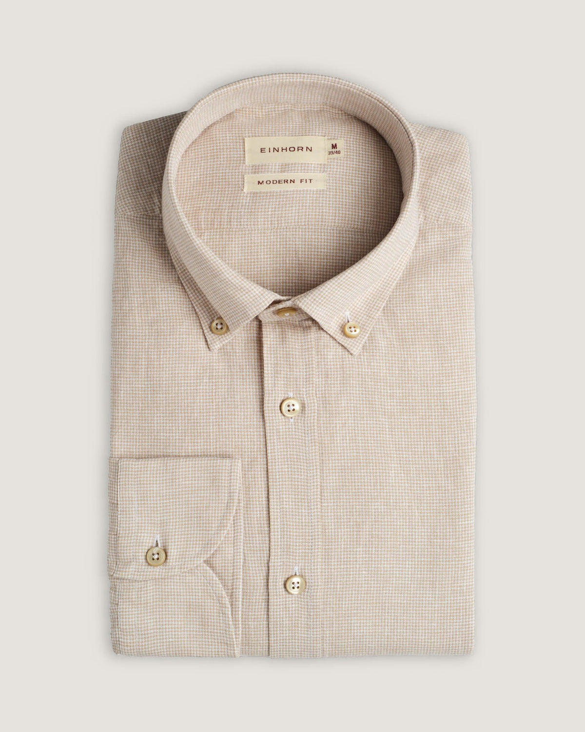Leinenhemd Modern Fit Button Down Mini-Check Beige – Detailansicht