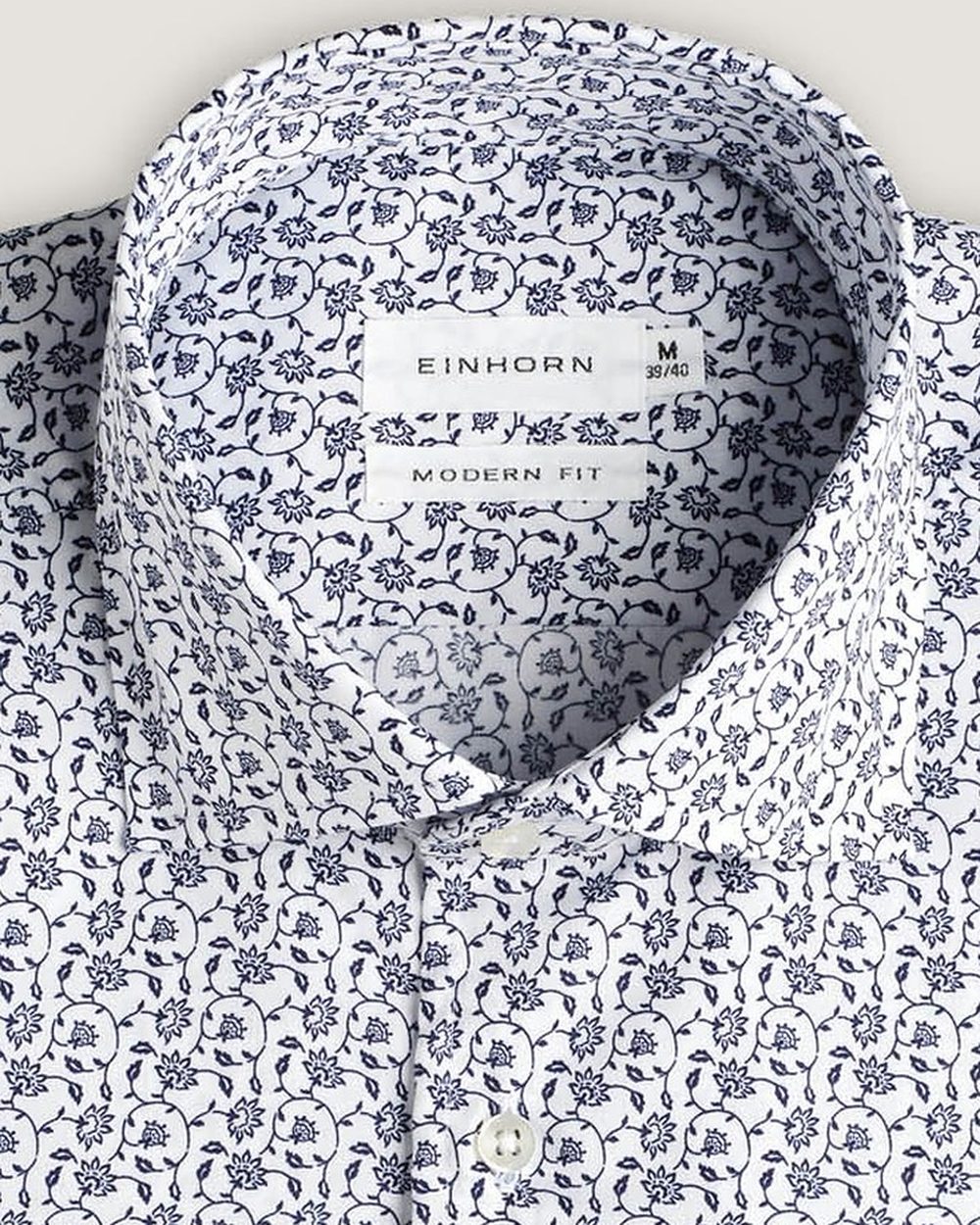 Hemd Modern Fit Gewaschen Blumenprint Navy/Weiss, Detail Kragen