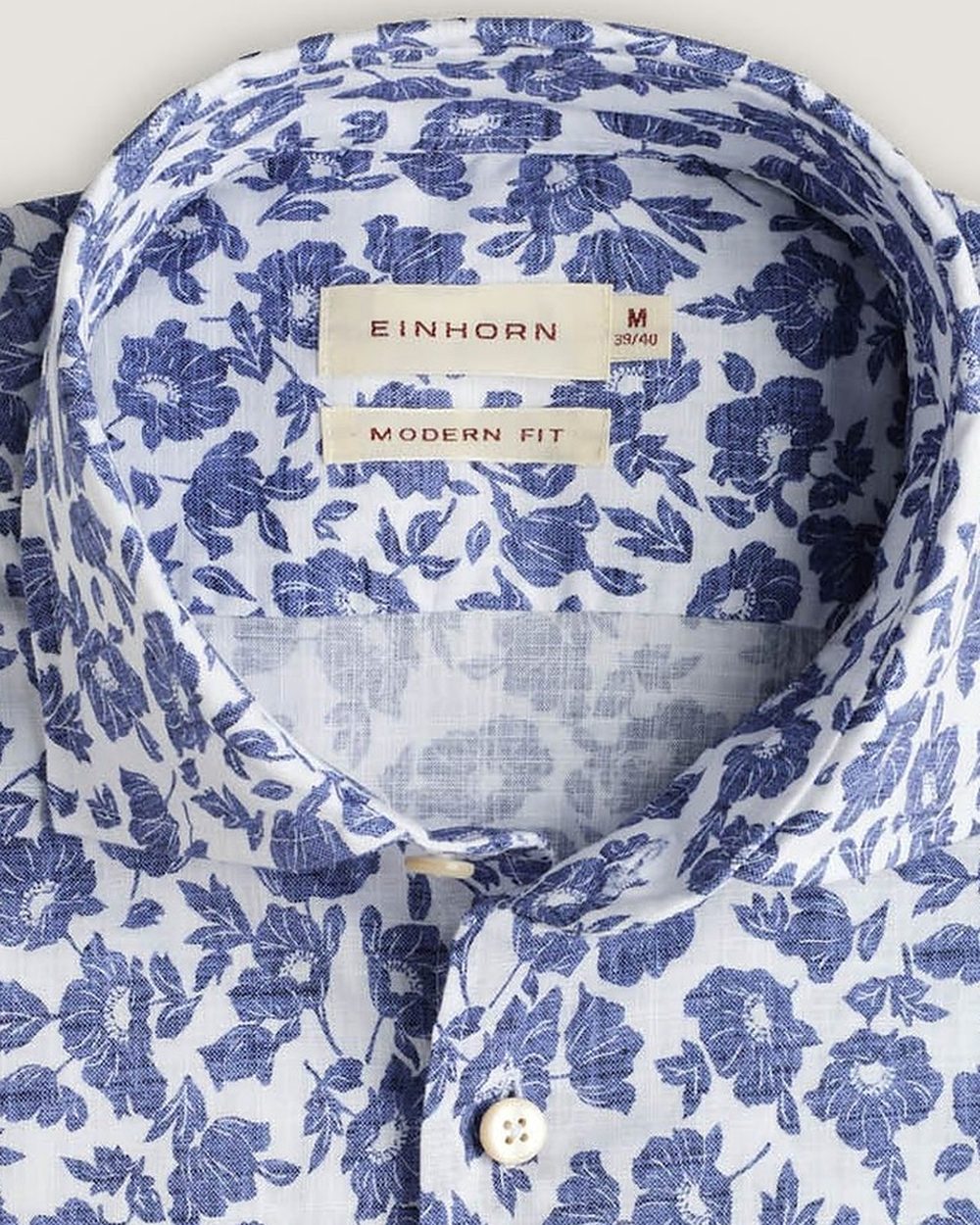 Hemd Modern Fit Gewaschen Blumenprint Navy/Weiss, Detail Kragen