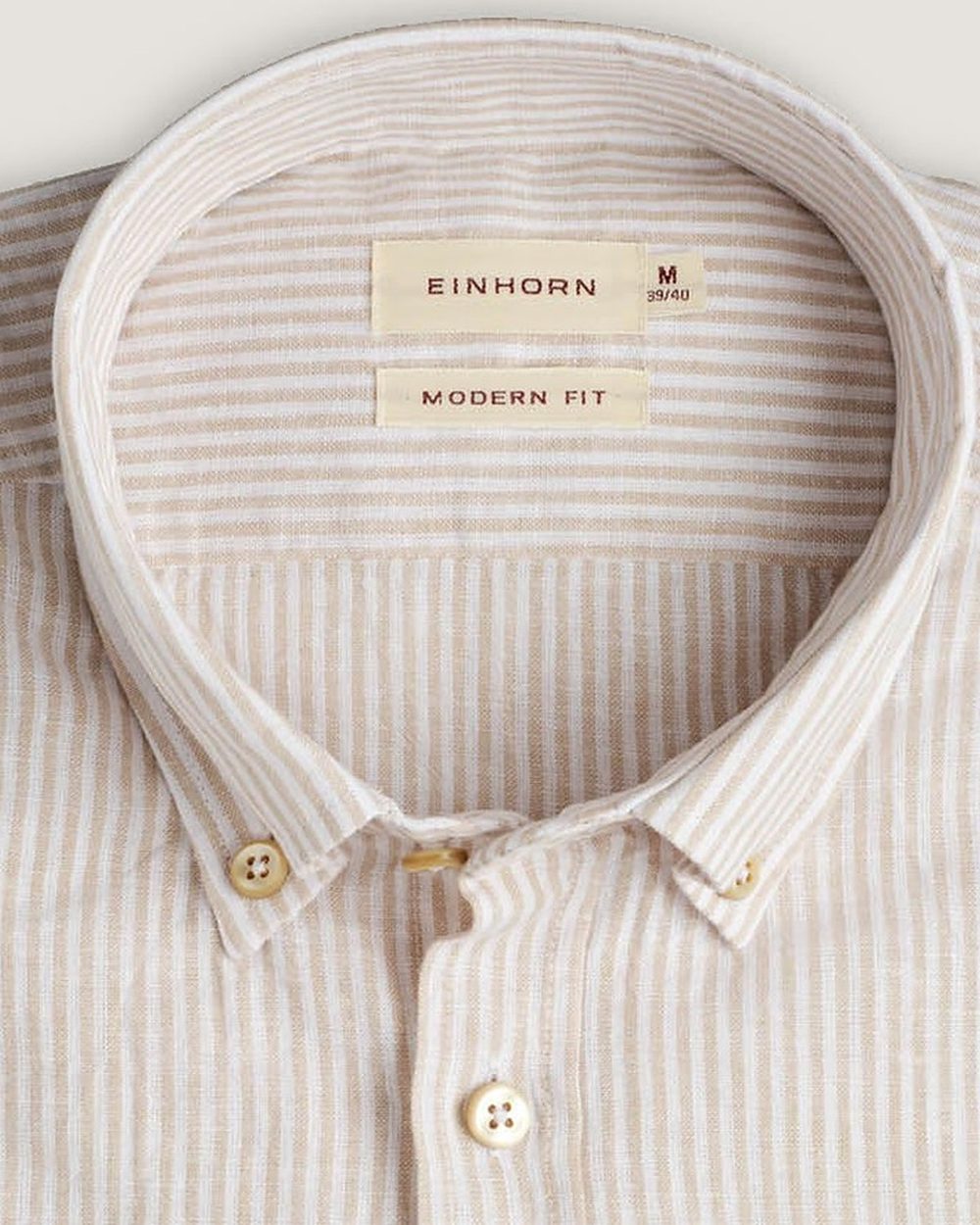 Leinenhemd Modern Fit Button Down Beige Gestreift, Detail Kragen