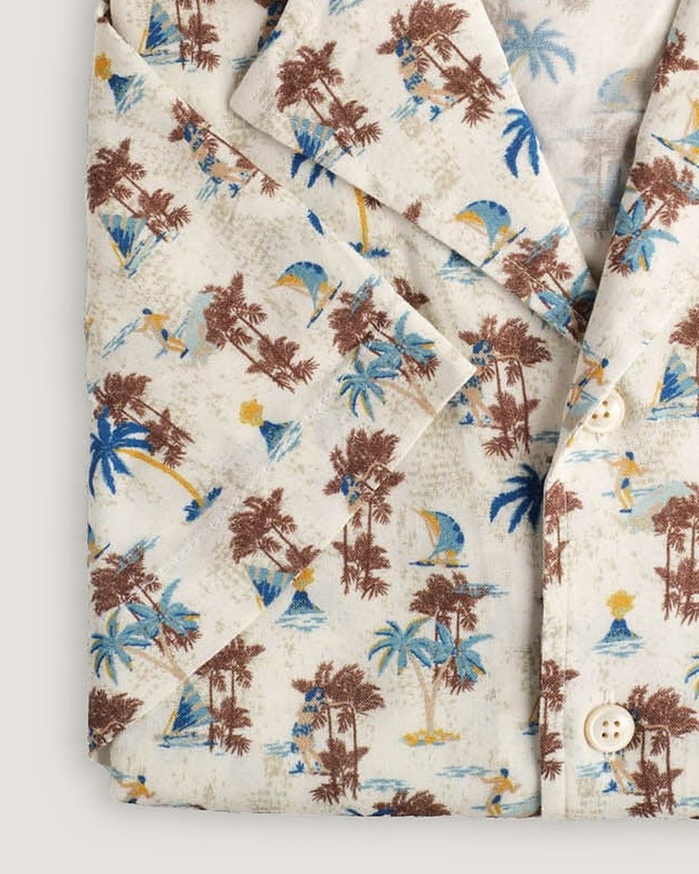 Resort-Hemd Gewaschen Palmenprint Grün/Weiss, Detail Manschette und Stoff