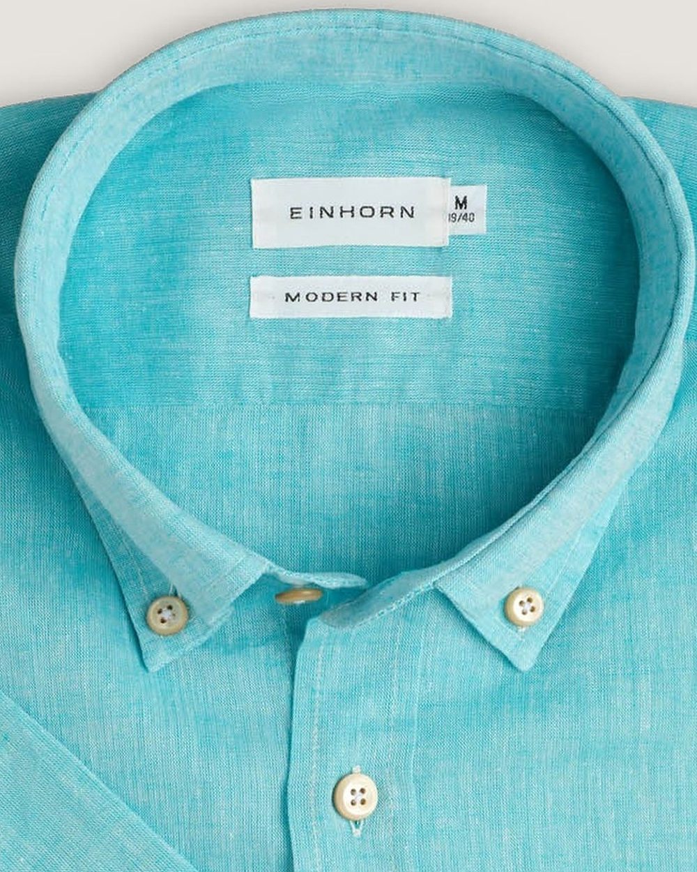 Kurzarm-Leinenhemd Modern Fit Button Down Türkis, Detail Kragen