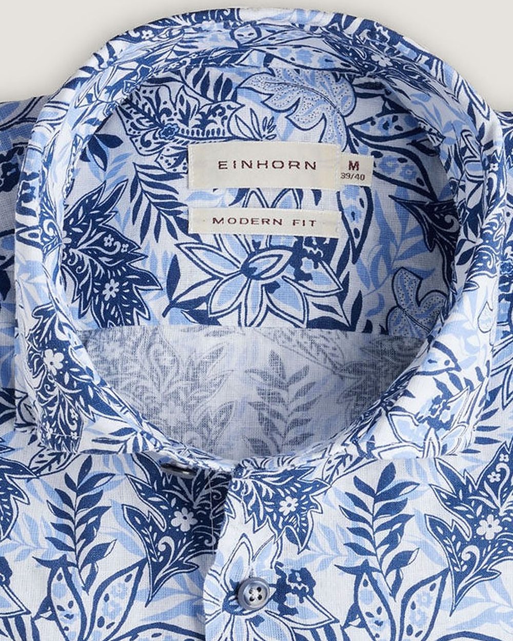 Hemd Modern Fit Leinenmix Blumenprint Blau, Detail Kragen