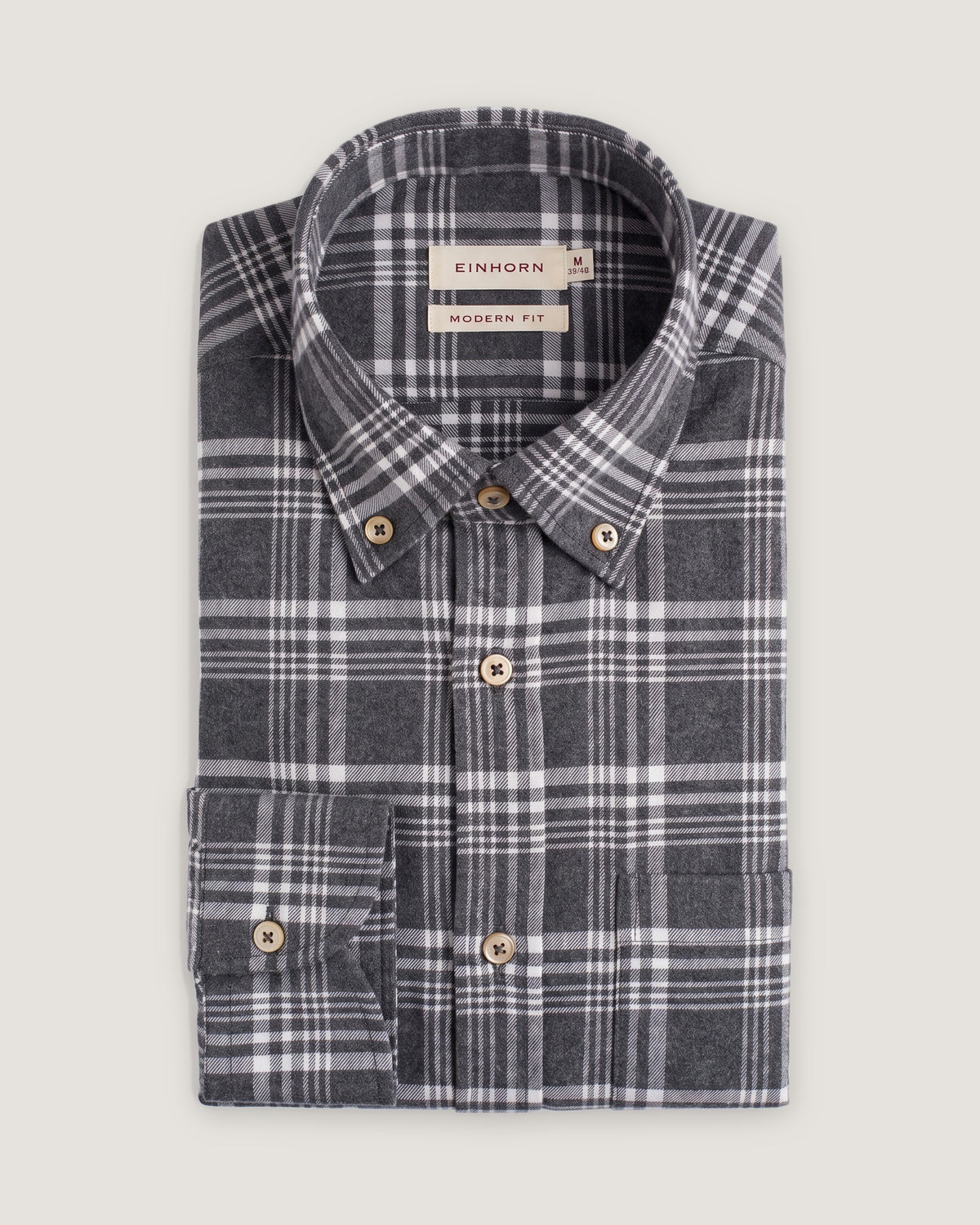 Hemd Modern Fit Flanell Check Grau mit Button Down und Brusttasche