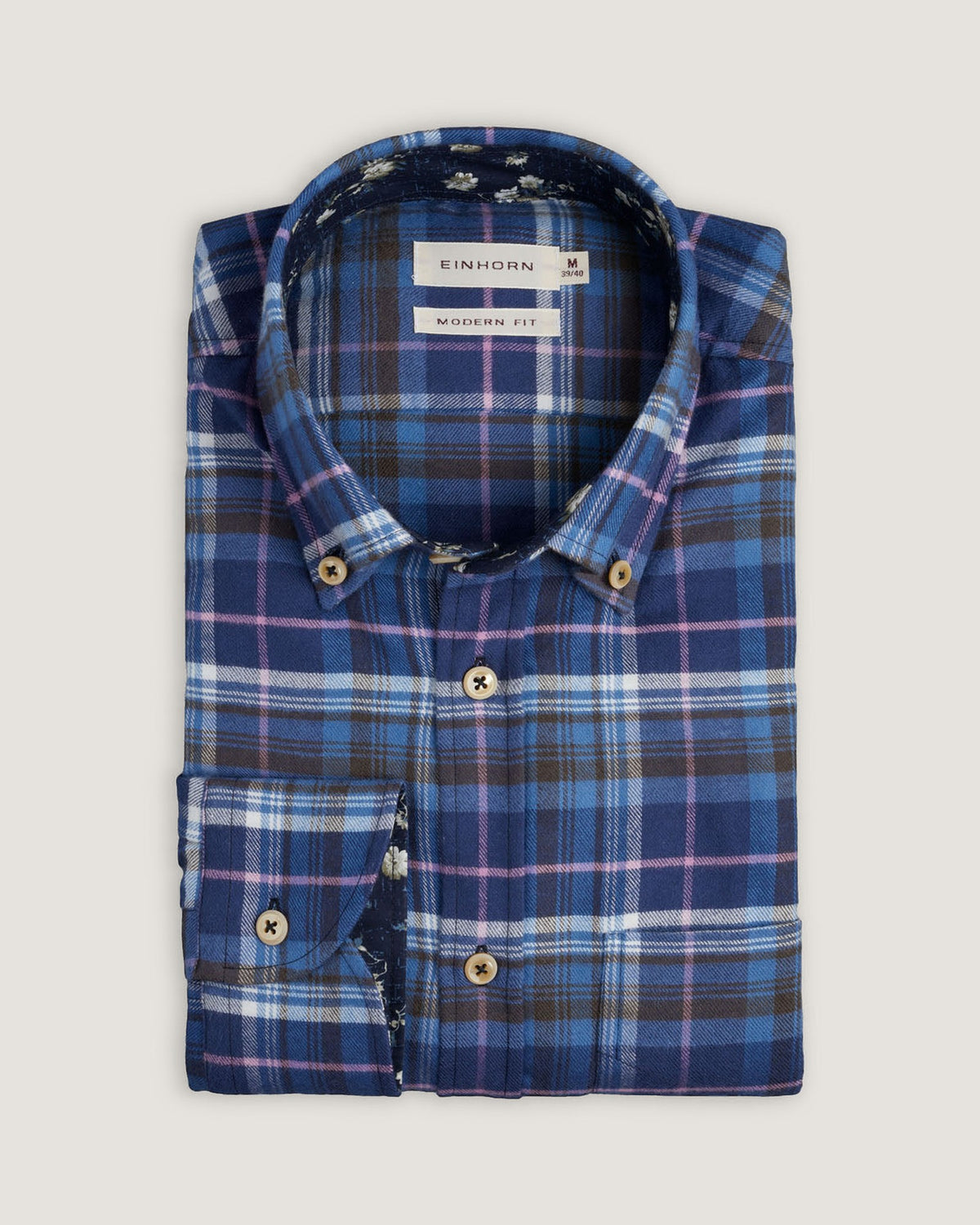 Flanellhemd Modern Fit Button Down Blau Kariert mit Kontrast