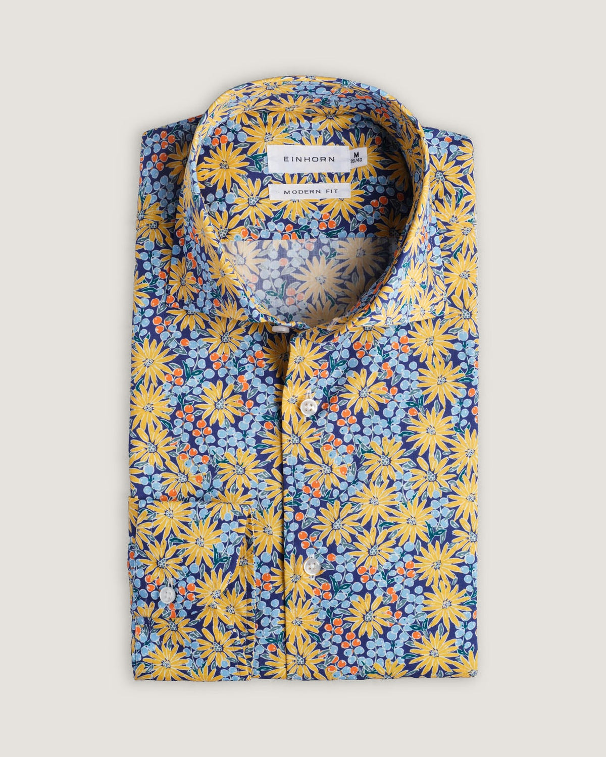 Hemd Modern Fit Gewaschen Blumenprint Navy/Gelb – Detailansicht