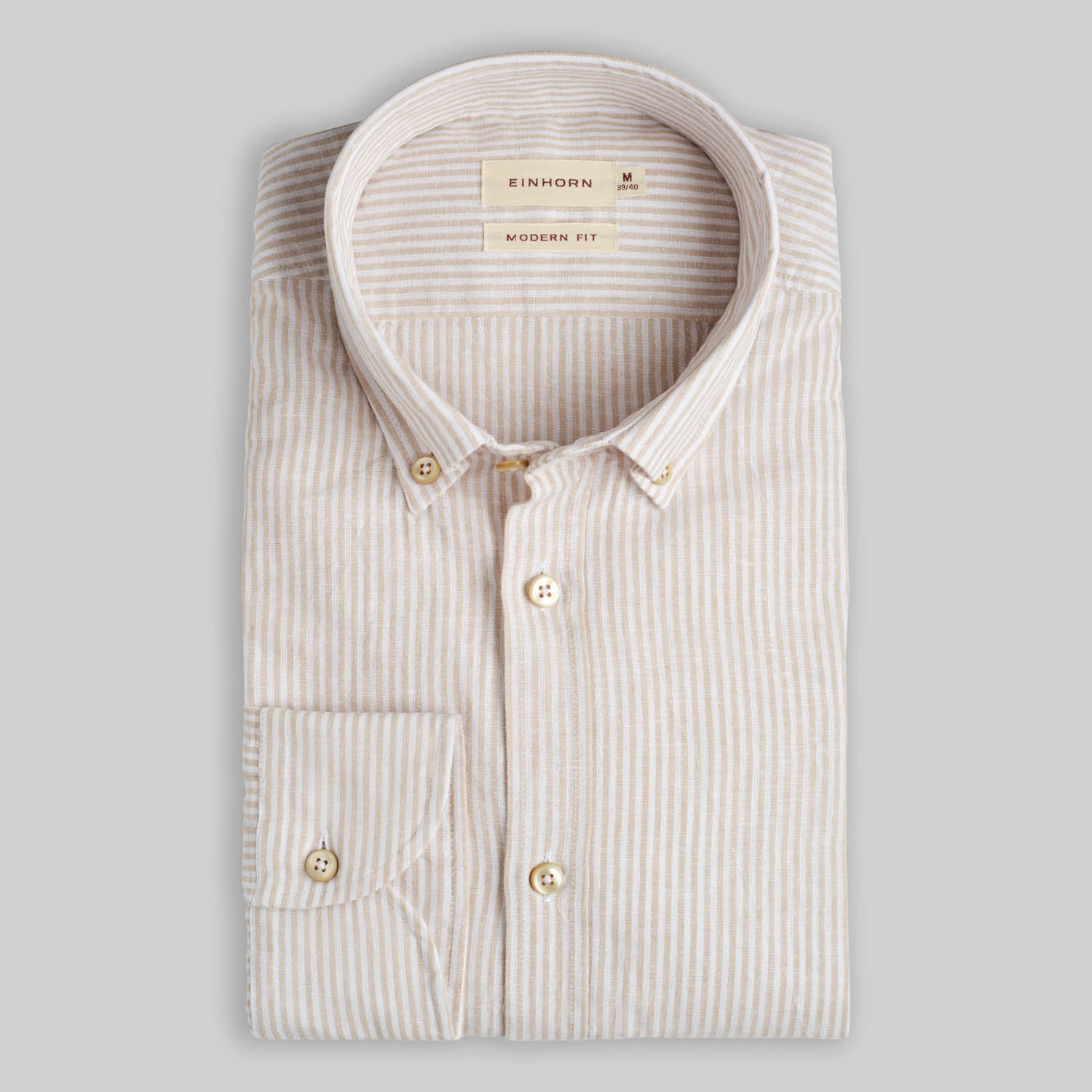 Hemd Modern Fit Leinen  Streifen Beige mit Button Down