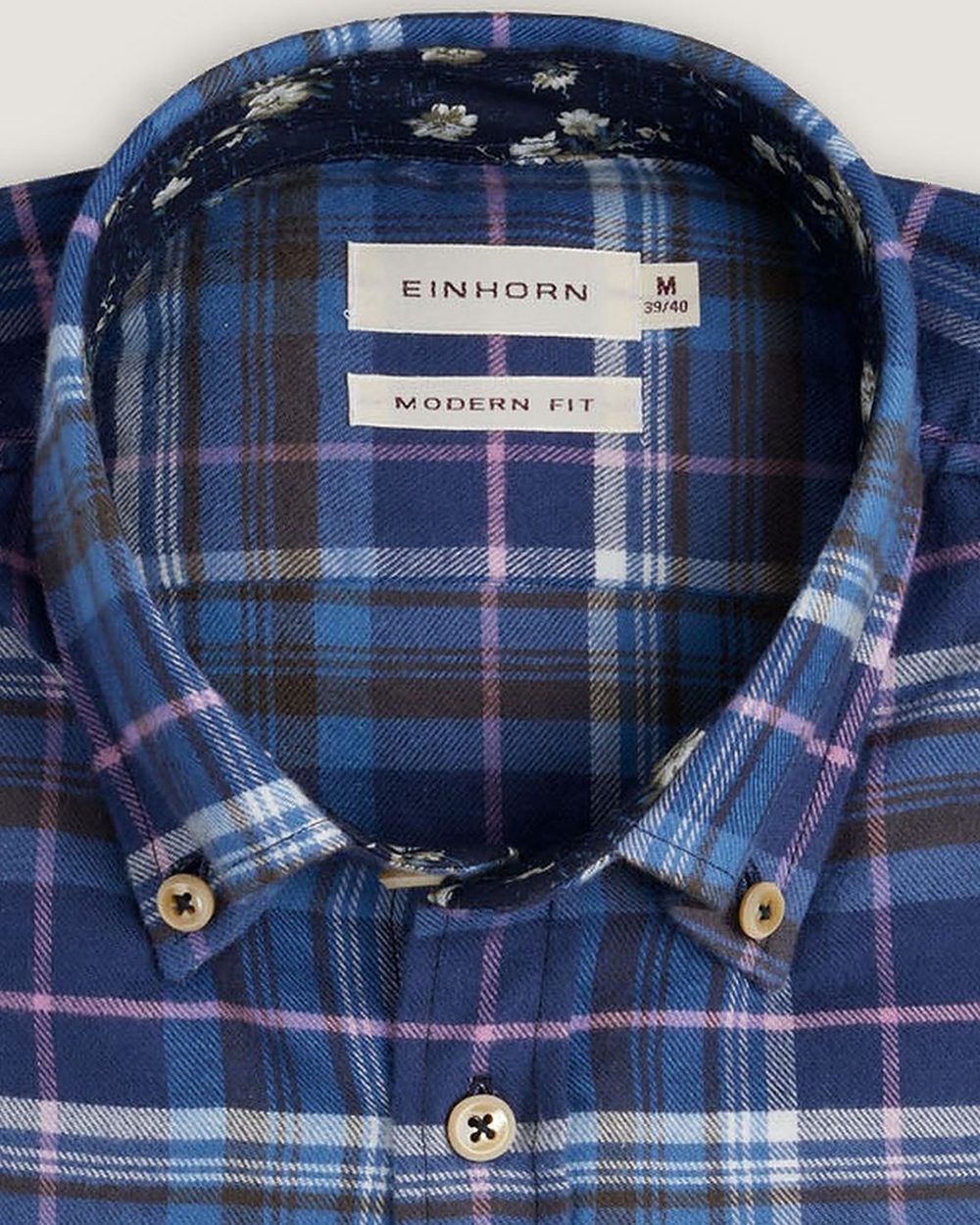 Flanellhemd Modern Fit Button Down Blau Kariert mit Kontrast, Detail Kragen