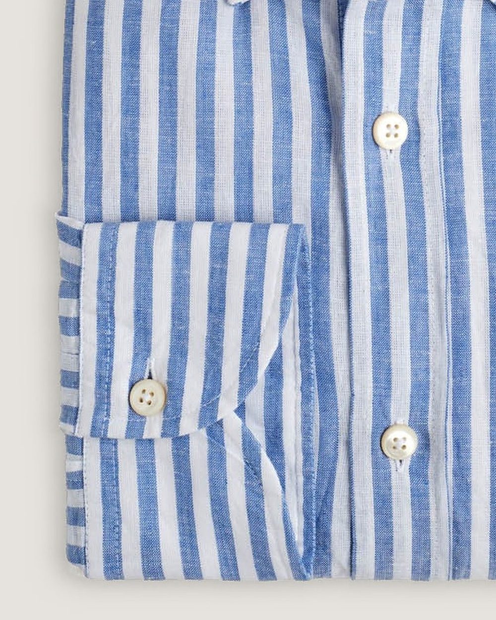 Leinenhemd Modern Fit Button Down Gewaschen Navy Gestreift, Detail Manschette und Stoff