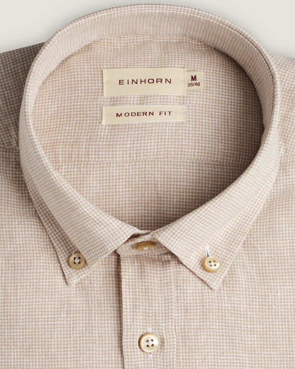 Leinenhemd Modern Fit Button Down Mini-Check Beige, Detail Kragen