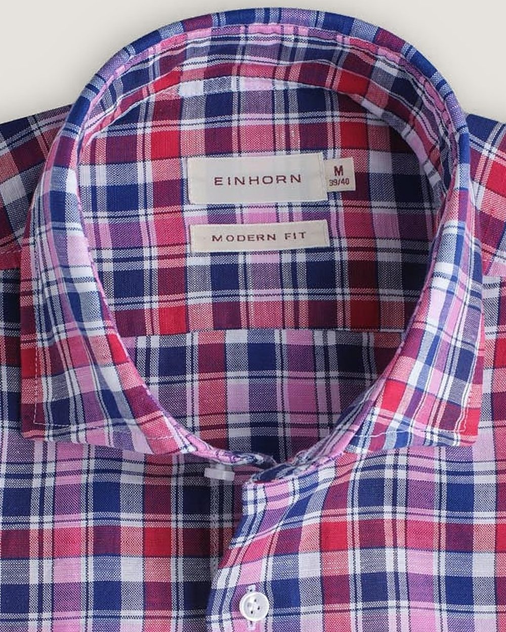 Hemd Modern Fit Leinenmix Rosa/Blau Kariert, Detail Kragen